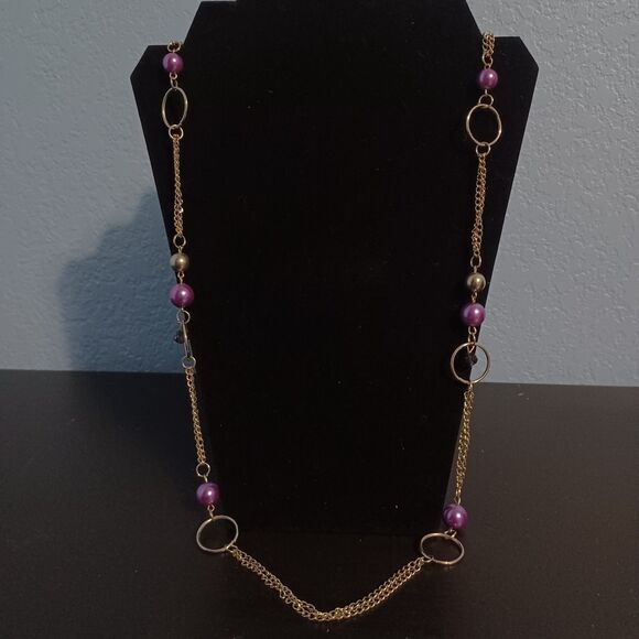 Silver-Toned Open Circle and Chain Necklace with Purple and Silver Beads, 36" - Picture 1 of 1
